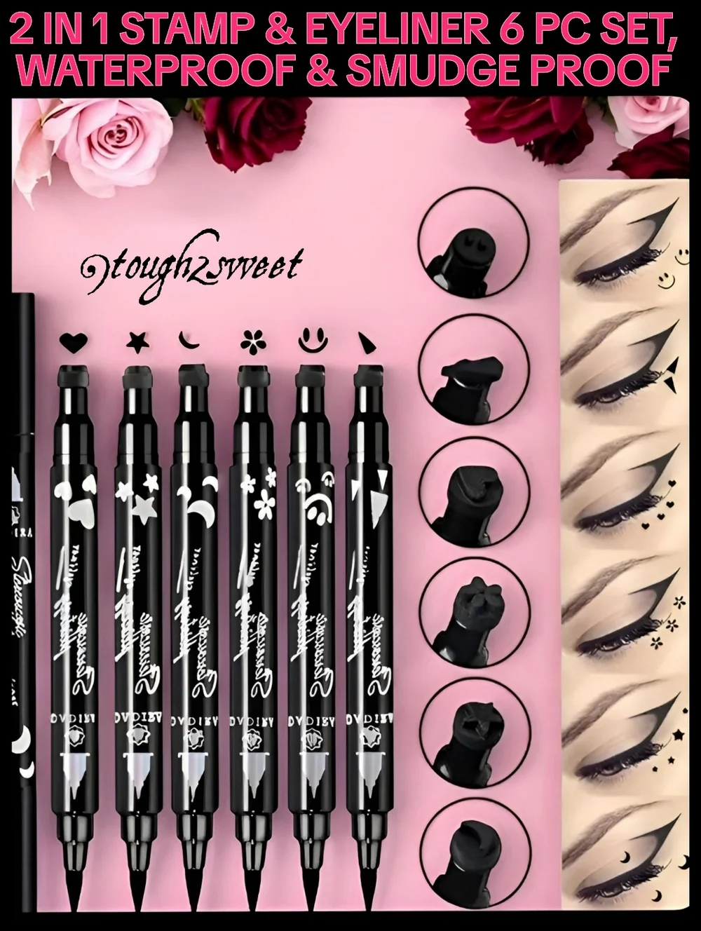 🆕LAST SET🌹2 IN 1 BLACK STAMP & EYELINER 6 PC SET, WATERPROOF & SMUDGE PROOF❣️